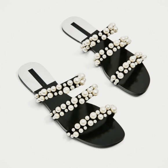 NWT Zara Flat Sandals with pearl embellished straps - Picture 3 of 17
